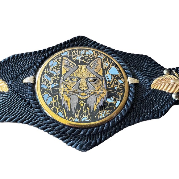 Unique Vintage Belt- West Germany Gutos Belt  Black and Gold with Metallic Cat - Picture 2 of 12